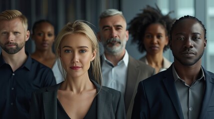 Diverse Team of Professionals in a Sleek Modern Office Representing Various Skin Tones and Friendly Demeanors