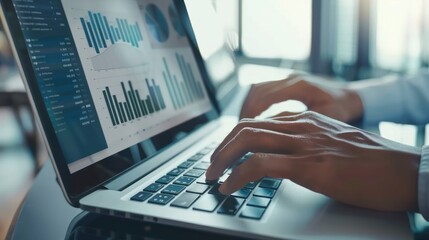 Businessman working on laptop computer analyzing sales,profit,growth data based on graphs