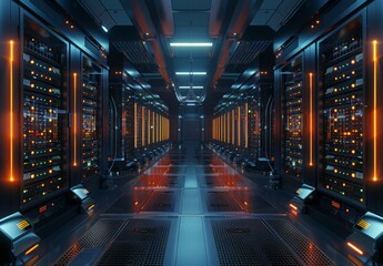 Fototapeta premium Interior of a cutting-edge data center with rows of servers and blinking lights, emphasizing advanced technology