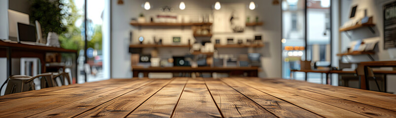 Alder wooden table in focus, tech store background with blurred gadgets, natural lighting, suitable for presenting electronic products