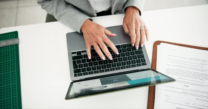 Hands, typing and keyboard in office, document and laptop for trader, online and working for investment. Top view, computer and research with internet, professional and person in corporate and desk