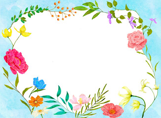 Watercolor painted botanical frame, for wedding elements, or card templates for greetings or invitations on valentine's Day background. Colorful hand painted texture.
