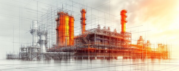 This digital concept shows an industrial facility's design with a warm gradient overlay and sketch aesthetics