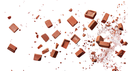 Flying pieces of broken bricks on white background