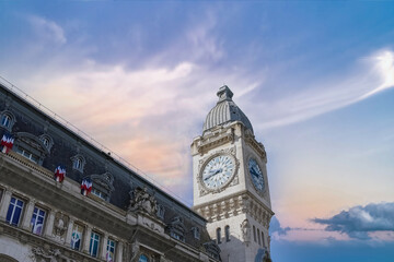 Paris, the clock of the gare de Lyon, train station in the center
