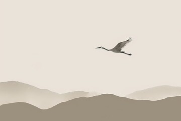 a minimalist art piece of a single migratory bird in flight