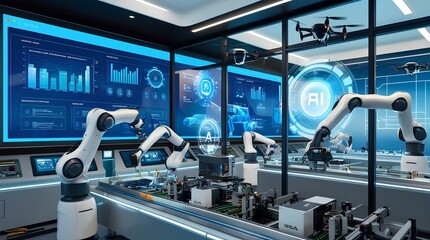 Fototapeta premium Control Hub of Precision, A glimpse into a futuristic control room where cutting-edge technology harmonizes with seamless efficiency.
