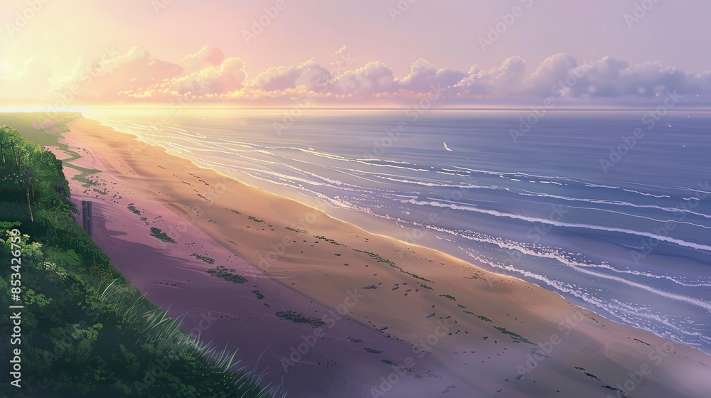 Wall mural Soft sunrise over an anime beach, light morning mist, camera at a high angle capturing the expansive beach and distant ocean