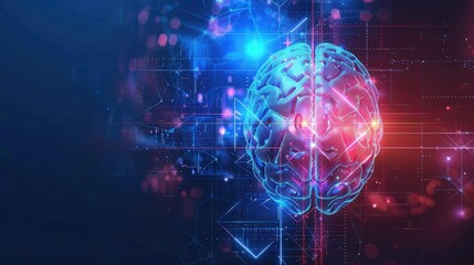 Fototapeta premium A banner with a futuristic AI brain graphic and dynamic digital elements, symbolizing advanced neural networks and learning systems.