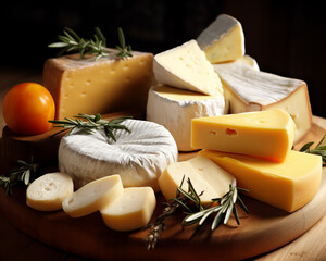 A variety of cheeses on a wooden board with rosemary and tomatoes