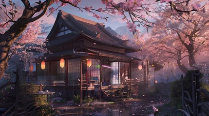 A traditional tea house surrounded by blooming sakura; frontal view, soft twilight, lanterns lit, rich anime hues. 