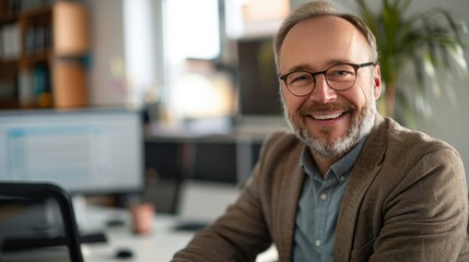 A happy business executive in his mid-40s, smiling confidently during a video conference in his office.