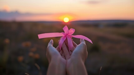 A pink ribbon symbol for breast cancer awareness. It signifies support for breast cancer patients, survivors, and the importance of early detection and treatment. 