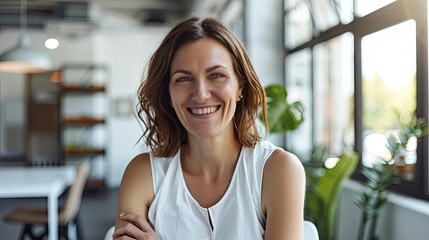A smiling 45-year-old executive, confidently leading a team meeting in a bright, modern office.