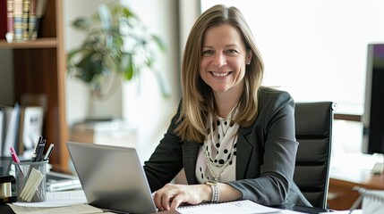 A smiling female attorney, 45 years old, sitting at her desk with a laptop and legal documents, in a bright office.