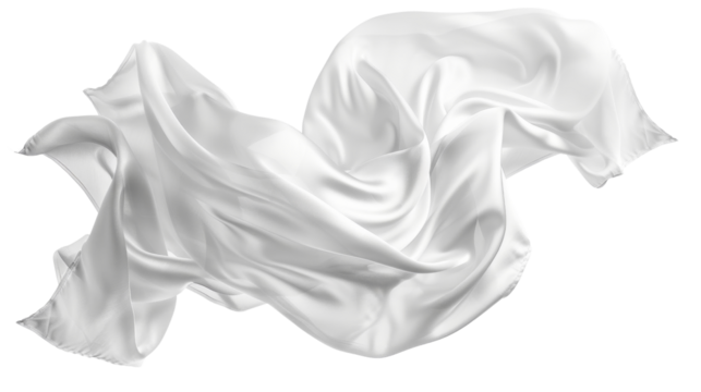 Flying white silk fabric on white background