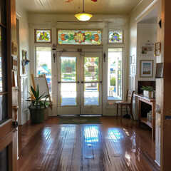 Charming Bistro Entrance Featuring Antique Stained Glass Windows