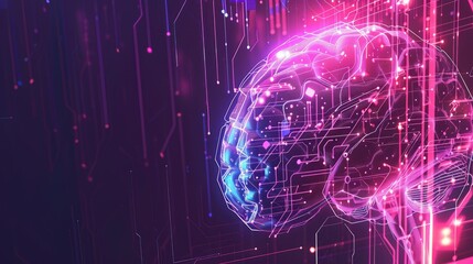 An abstract AI brain banner with neon circuits and data streams, highlighting the innovative aspects of AI technology.
