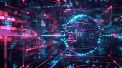 An abstract technology background with a central AI icon, surrounded by futuristic data visualization elements.