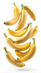 Bananas falling in the air on white background, selective focus, clipping path
