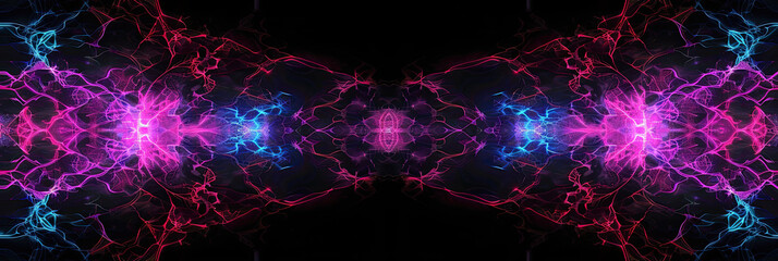 Vibrant neon fractals: black base, dynamic shapes, glowing effects, complex patterns.