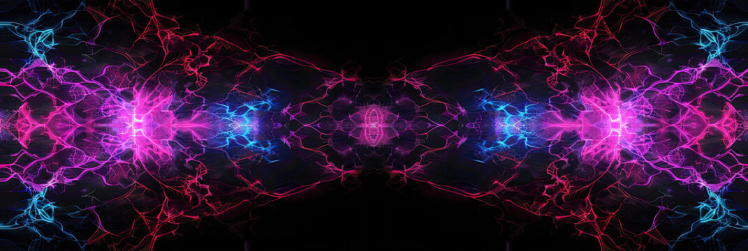 Vibrant neon fractals: black base, dynamic shapes, glowing effects, complex patterns.