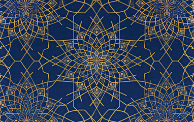 Richly colored wallpaper: Islamic design, blue base, gold accents, intricate patterns.