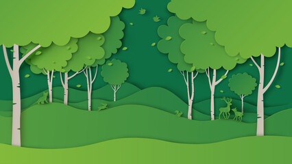 Natural landscape of tropical green forest with wild animals. Ecology and save the world. paper cut and craft style. vector, illustration.