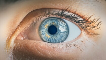 close up human woman left blue eye
