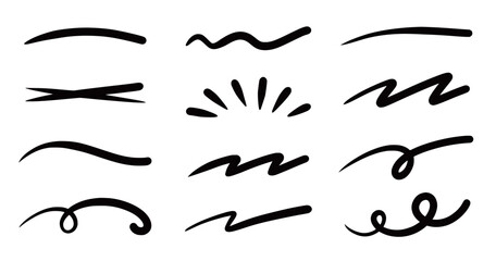 Squiggle brush scribble underline. Marker pen emphasis highlight swoosh stroke. Vector swoosh brush underline set for accent, marker emphasis squiggle element. Vector illustration