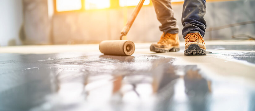 Construction worker using a roller to level a freshly poured concrete floor