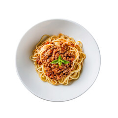 Close up photo of a plate of spaghetti with sauce on it with a transparent background
