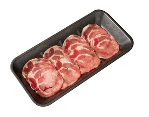 Thinly sliced ​​fresh  beef tongue arranged on a black tray isolated on white background.