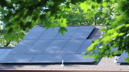 Solar Panels on the roof of a modern home with leaves in the foreground