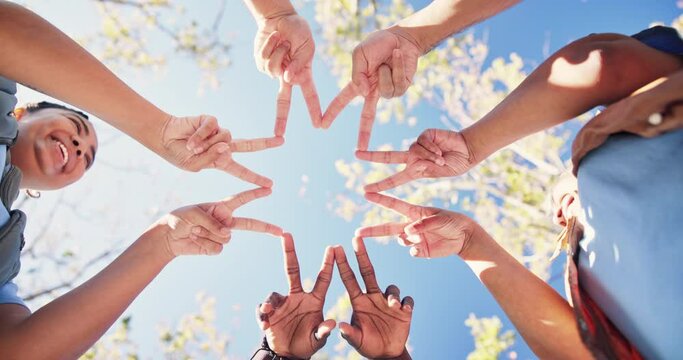 People, star and hands together in outdoor for support or community service, solidarity and diversity with unity for synergy. Teamwork, bottom view and group for volunteer for garden cleanup program.
