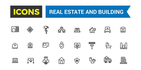 Real Estate and building icon set. Outline icons pack. Editable vector icon and illustration.