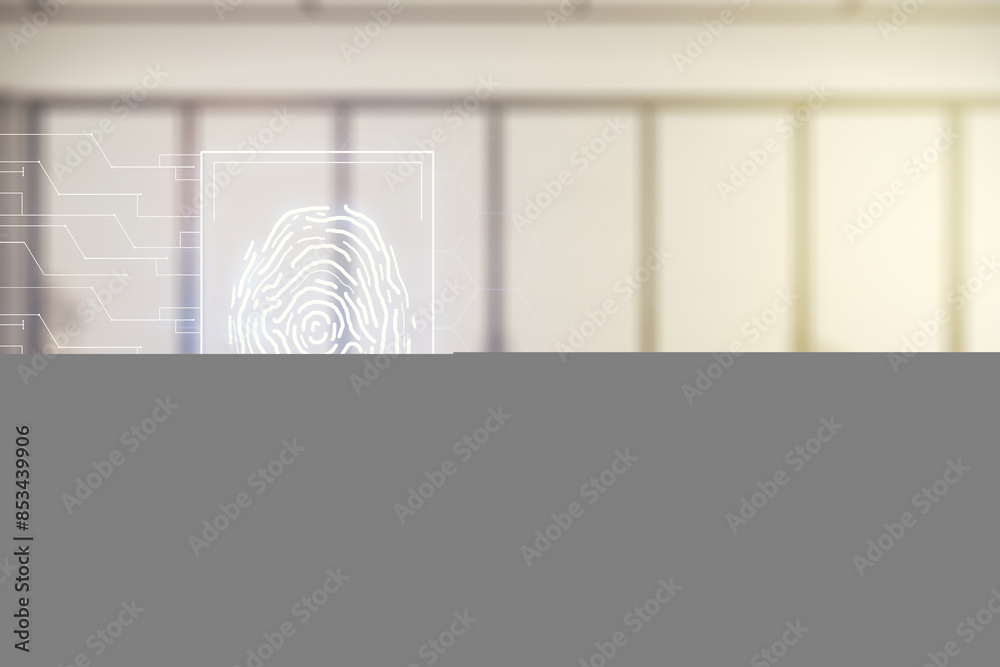 Poster Multi exposure of virtual graphic fingerprint sketch on a modern furnished classroom background, fingerprint scan data concept