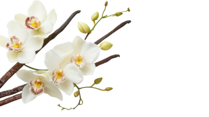 Fresh aroma orchid vanilla with sticks on white background