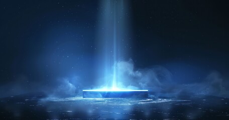 Abstract blue digital background with glowing light and fog on dark stage, modern technology concept, futuristic design