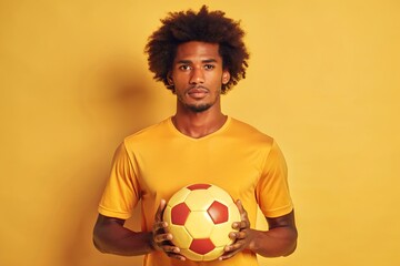 Soccer Player Posing with Ball Against Yellow Background