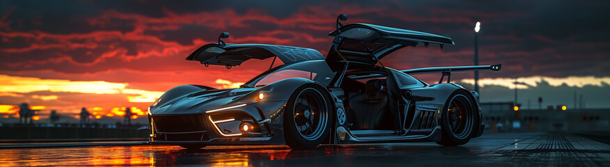 luxury sportcar design with wing doors, beautiful futuristic vehicle concept. Fantasy Wall Art Poster Print Banner Design for Home Decor, Decoration Artwork, High Resolution Wallpaper & Background