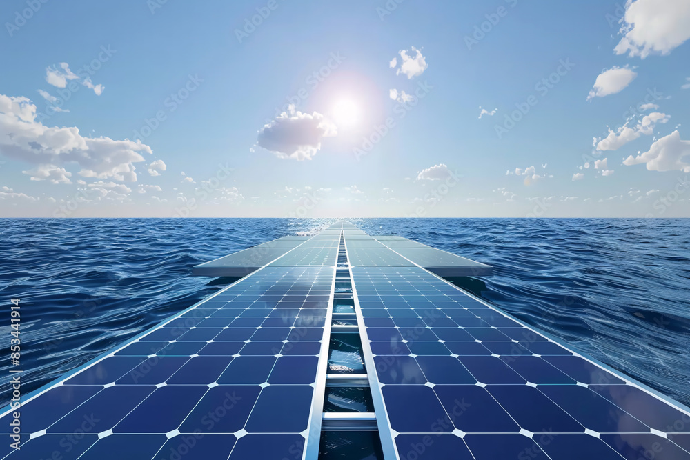 Aufkleber solar panels on a floating platform with a distant coastline