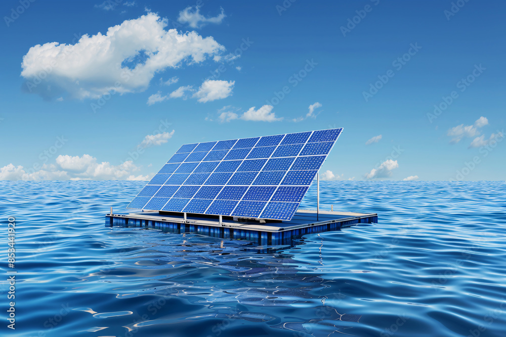 Poster solar panels on a floating platform with a distant coastline