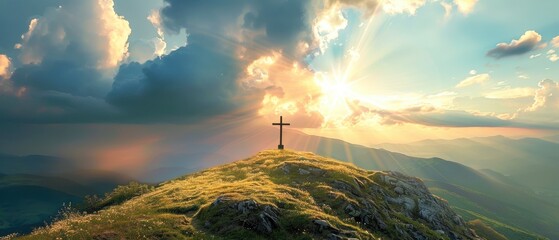 A cross on a hill with the sun breaking through clouds, symbolizing hope and divine presence