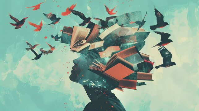 A digital illustration of books turning into birds as they fly from a person's head, symbolizing the freedom of thought and the dissemination of knowledge