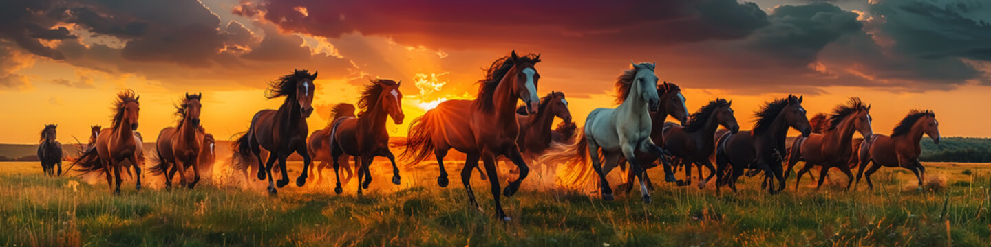 horses running at sunrise or sunset, stallion on meadow. Wall Art Poster Banner Print Design for Home Decor, Decoration Artwork, High Resolution Wallpaper & Background for Computer