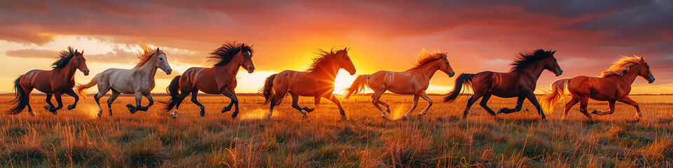 stallion on meadow, horses running at sunrise or sunset. Fantasy Wall Art Poster Print Design for Home Decor, Decoration Artwork, Wallpaper & Background