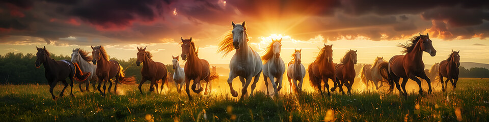 horses running at sunrise or sunset, stallion on meadow. Wall Art Poster Banner Print Design for Home Decor, Decoration Artwork, High Resolution Wallpaper & Background for Computer © YOAQ