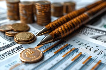 close up of pen and coins on financial charts with graphs, stock market background