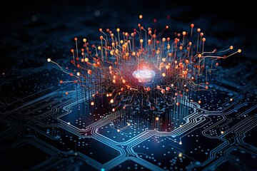 Obraz premium Futuristic design of an android head, with visible wires, connections, and nodes. The cybernetic elements are meticulously integrated, portraying a technological marvel and the convergence of human an